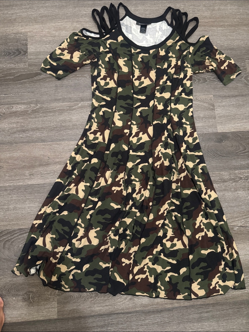 Ashley Stewart Green Camo Cold-Shoulder Flare Dress